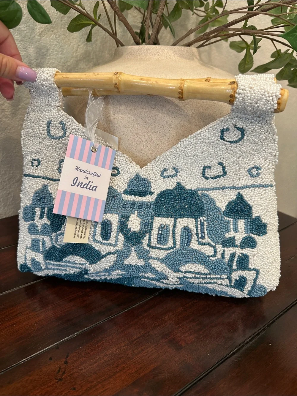 Handcrafted White & Blue Beaded Hand Bag